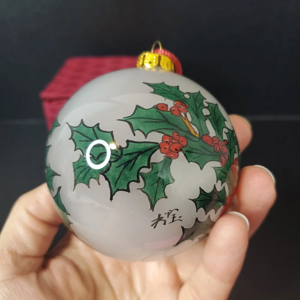 Figi Inside Art Glass Christmas Ornament Hand Painted Panda Bear & Holly, Box #2